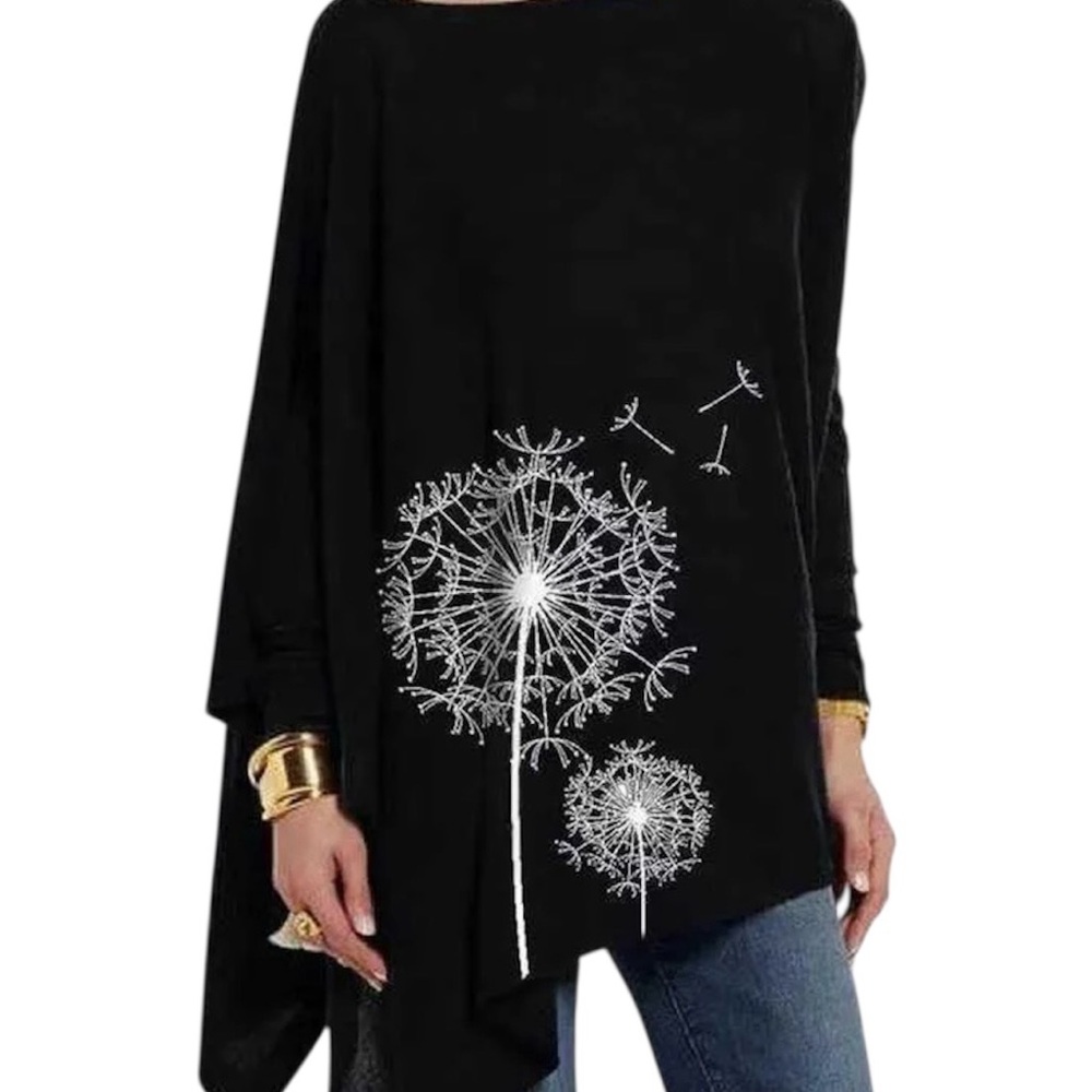 Black asymmetrical long sleeve tunic, featuring a white dandelion graphic print - Picture 6 of 6